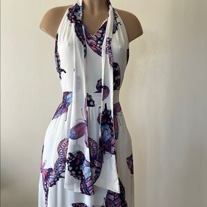NEW York & Company,  V-NECK Butterfly Print Halter long w pockets DRESS  size L”